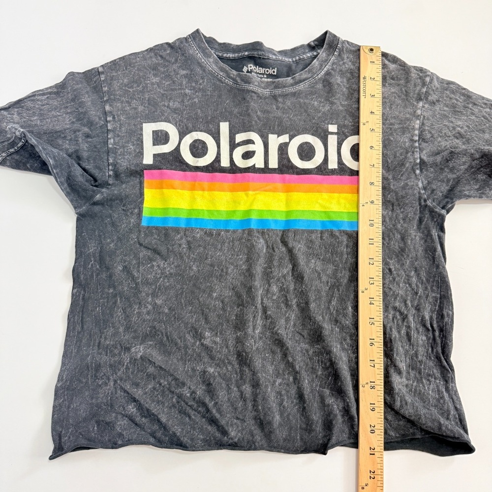 Polaroid Cropped T-Shirt S/S Acid Washed Distressed Back Charcoal Gray Sz M‎ - Picture 4 of 7